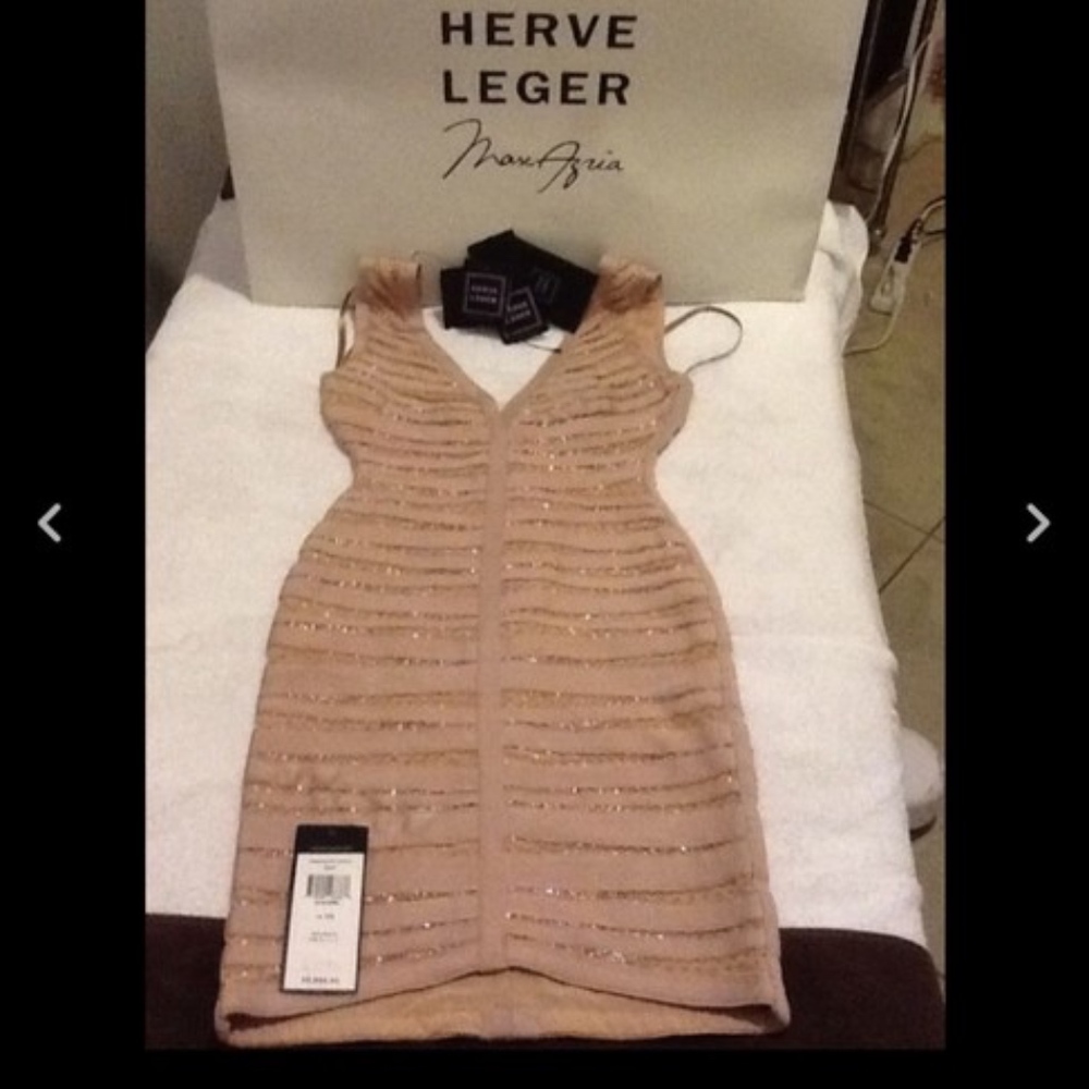 Hervé Leger Nude/Beads Gold Night Out Dress